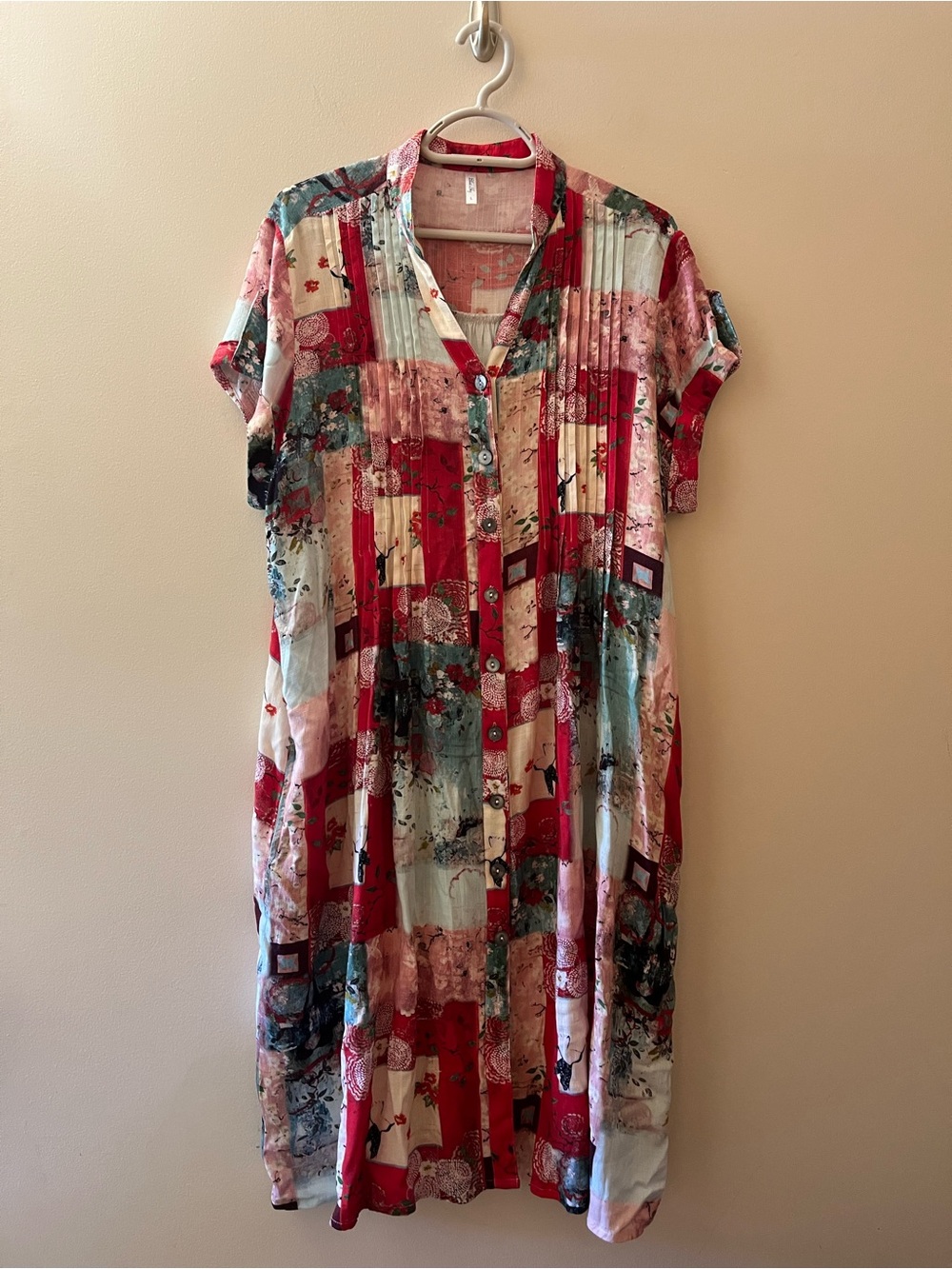 Blue Sky bamboo/linen Patchwork Print Short Sleeve Dress with pockets